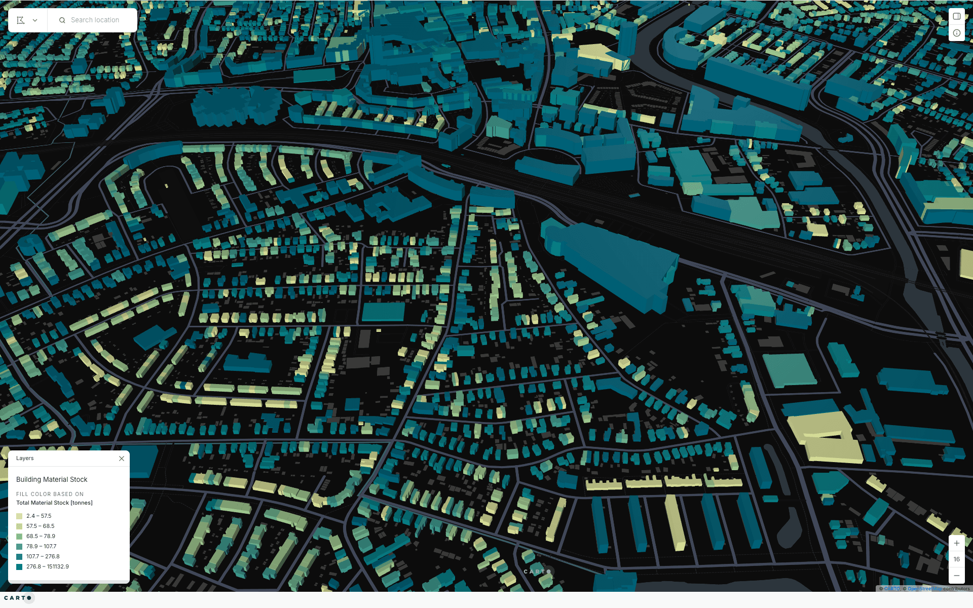 Gerardo’s Apeldoorn map, showing 3D buildings coloured by estimated total material stock, with the stock legend in tonnes.