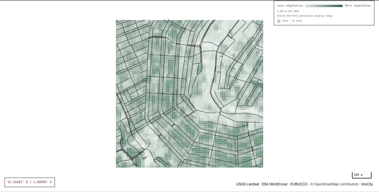 Static view of the Amsterdam vegetation input field, with analysis cells, street context, legend, scale and source attribution.