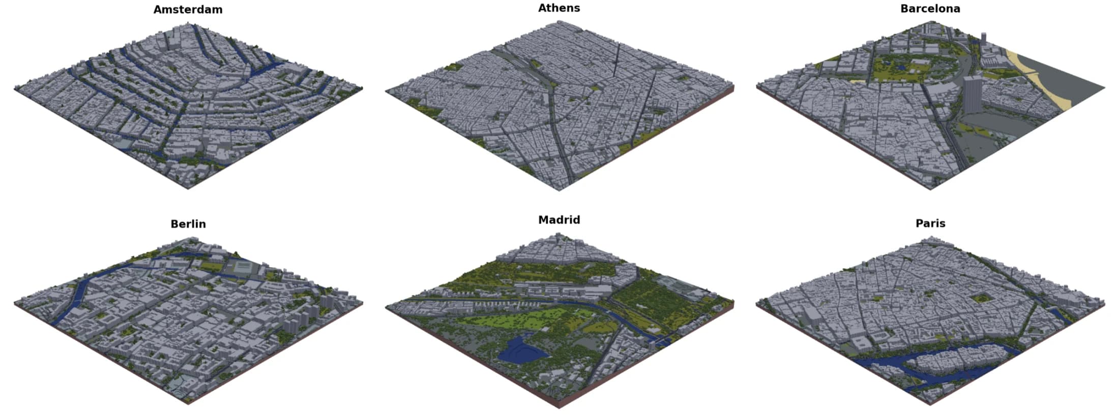 Six labelled isometric voxel models of Amsterdam, Athens, Barcelona, Berlin, Madrid and Paris, with grey buildings, green vegetation and blue water.