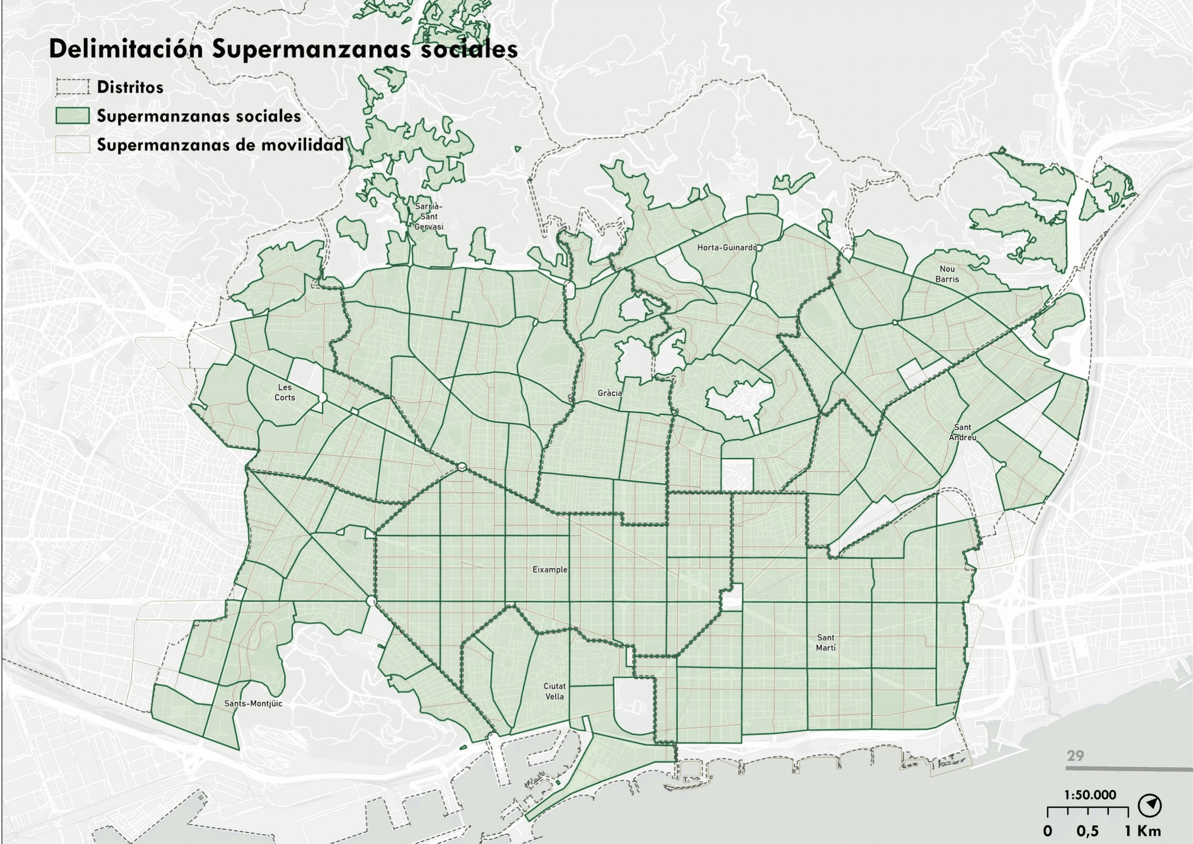 The proposed Social Superblocks in Barcelona, with social-superblock boundaries, mobility superblocks and district boundaries distinguished in the original legend.