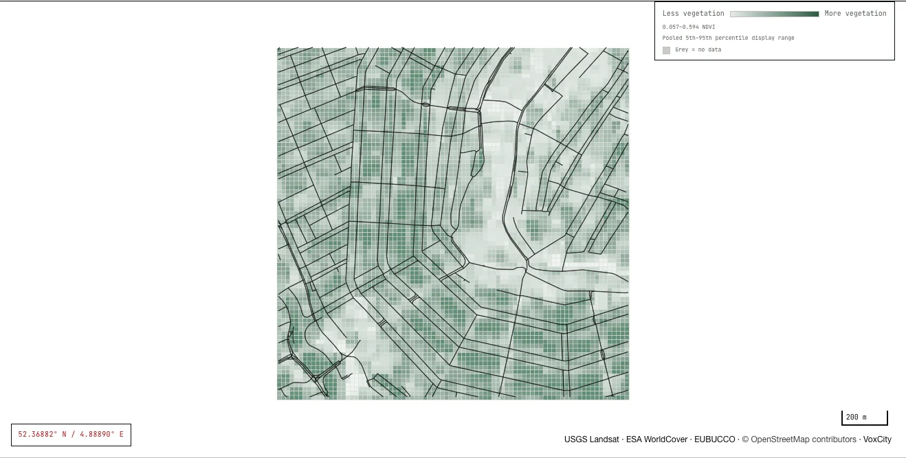 An urban-heat research input map, showing a spatial data field and source-layer controls.