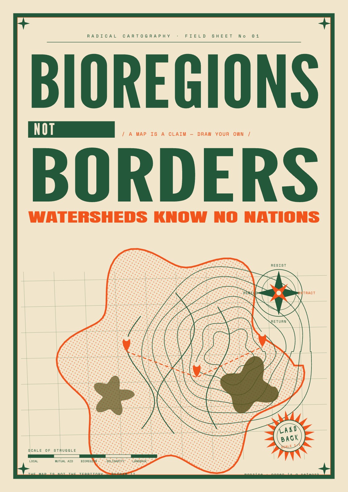 Bioregions Not Borders: an A3 riso poster of decolonial map projections, exported from Mapzine.