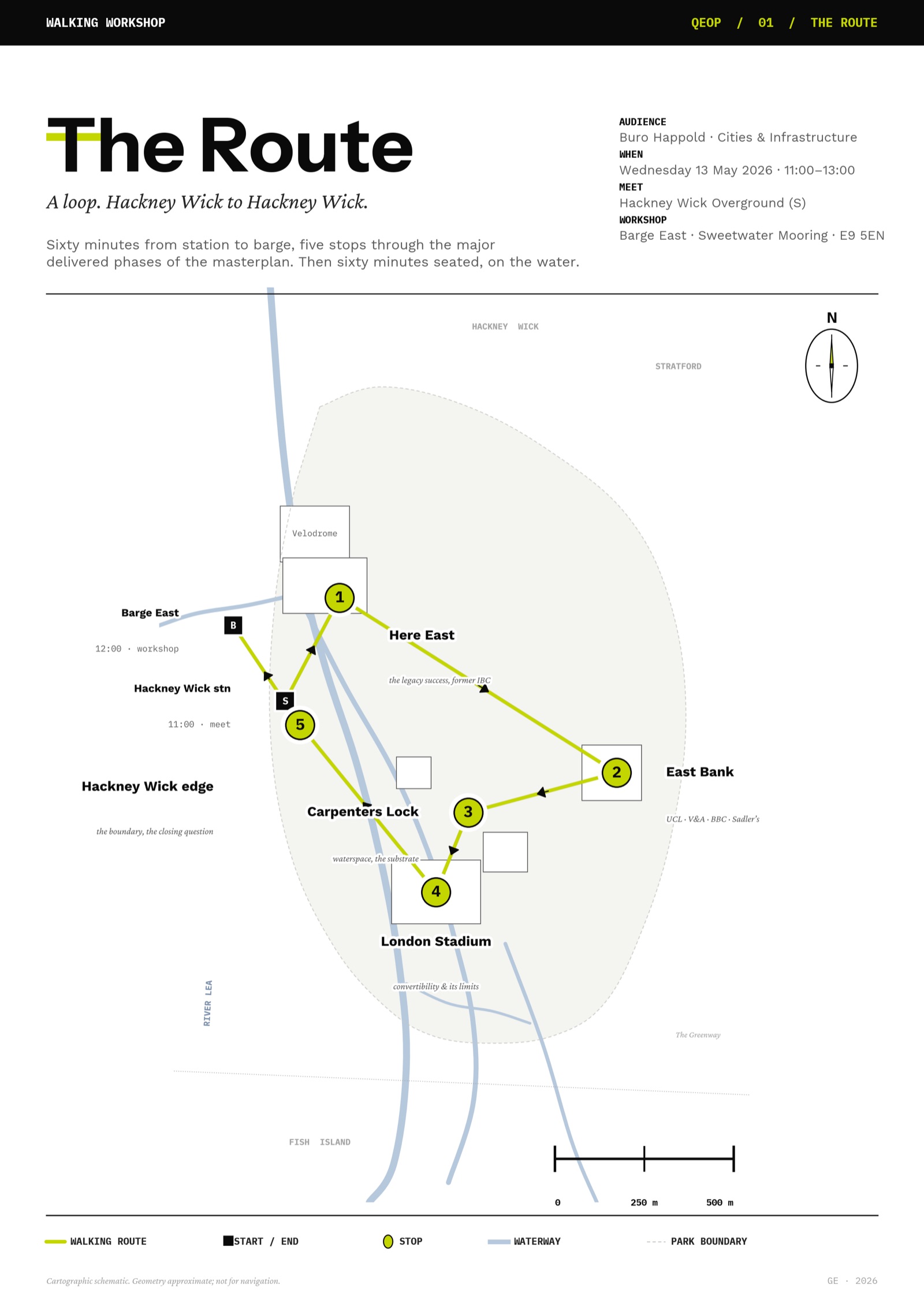 The five-stop vector route map for the Twenty Years on the Lower Lea walking workshop across Queen Elizabeth Olympic Park.
