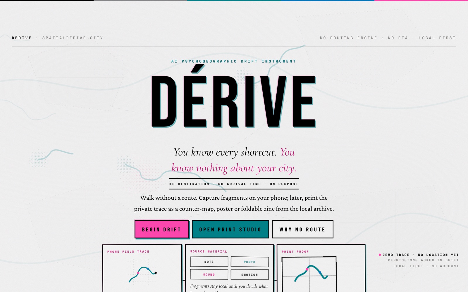 The Spatial Derive walking instrument: a psychogeographic drift interface that records a route through camera and sound.