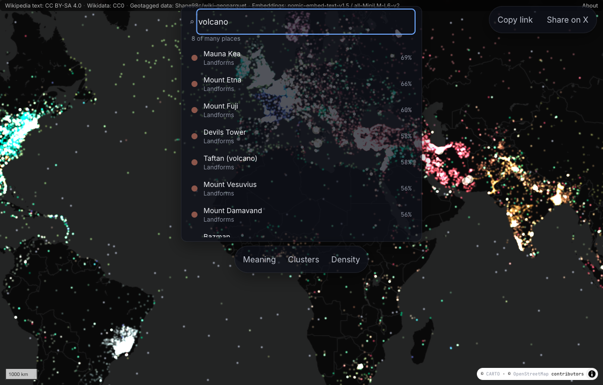 Terra Cognita showing a search for volcano, with matching Wikipedia articles on their geographic locations.