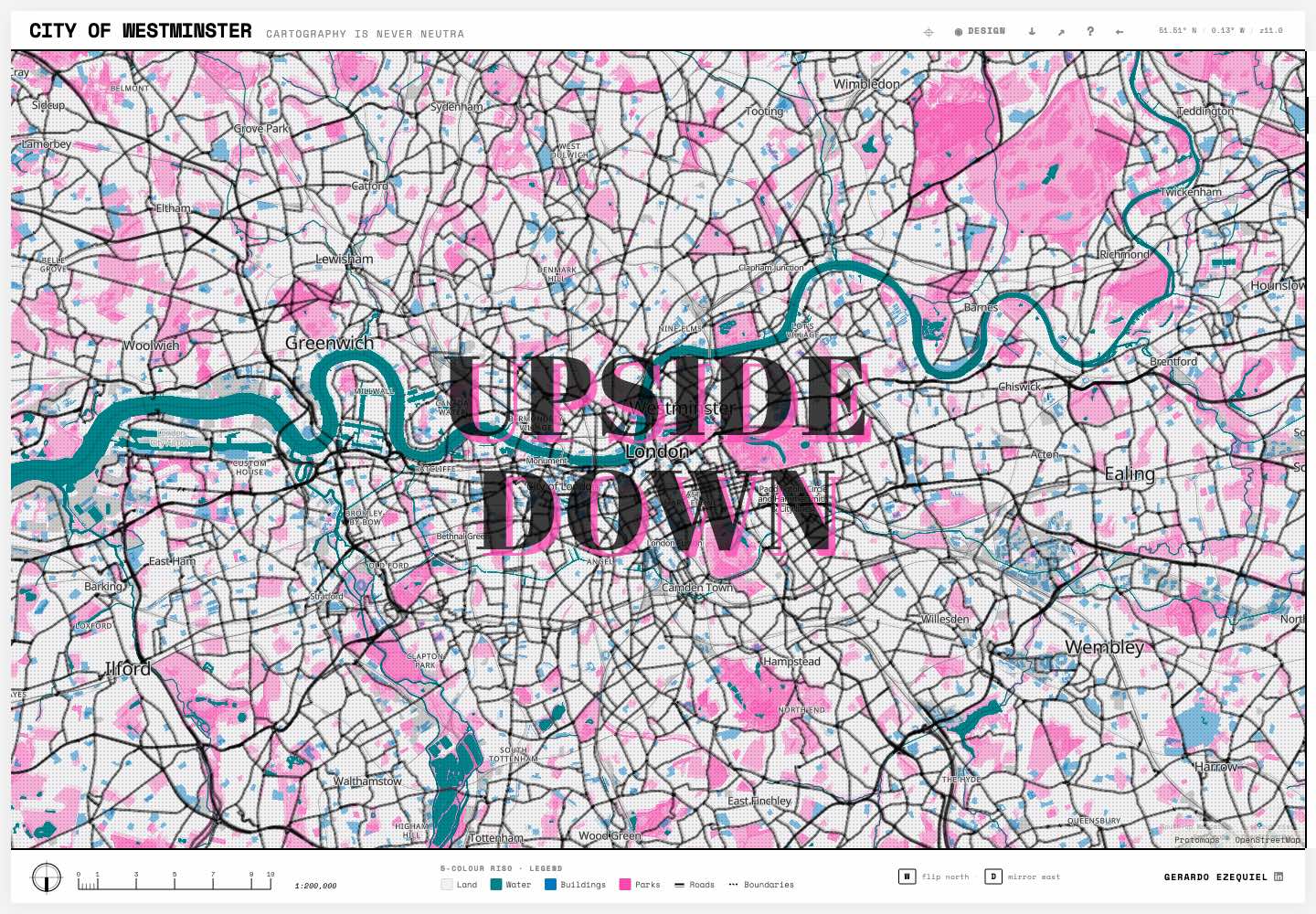 Upside Down World: London flipped south-up in riso spot inks, exposing north-on-top as a choice rather than a fact.